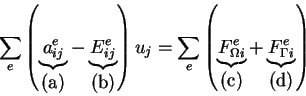 \begin{eqnarray*}\sum_e \left( \underbrace{a^e_{ij}}_{\mbox{(a)}} - \underbrace{...
..._{\mbox{(c)}} + \underbrace{F^e_{\Gamma i}}_{\mbox{(d)}} \right)
\end{eqnarray*}