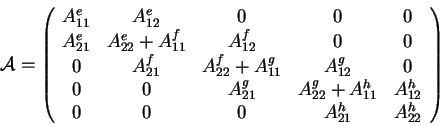 \begin{displaymath}{\cal A} = \left(
\begin{array}{ccccc}
A^e_{11} & A^e_{12} & ...
...^h_{12} \\
0 & 0 & 0 & A^h_{21} & A^h_{22}
\end{array}\right)
\end{displaymath}