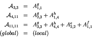 \begin{eqnarray*}{\cal A}_{3,3} & = & A^g_{1,1} \\
{\cal A}_{4,11} & = & A^g_{2...
... + A^h_{4,4} + A^e_{2,2} + A^f_{1,1} \\
(global) & = & (local)
\end{eqnarray*}